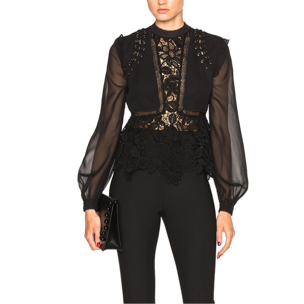 Self-Portrait Floral-Lace Long-Sleeve Top, Black